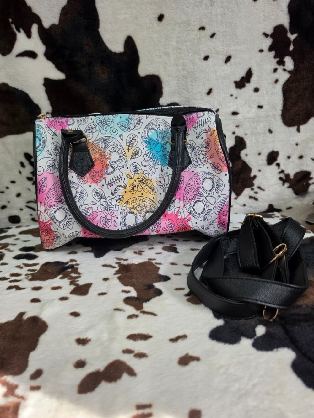 Sugar Skull Floral Satchel Purse Crossbody Handbag Colorful Day of the Dead